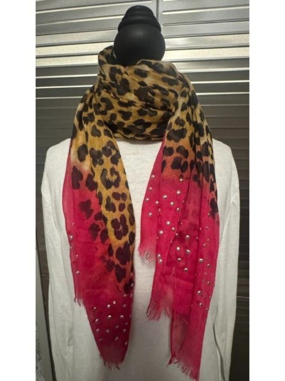 Leopard Print Ombré Scarf Pink & Brown Rhinestone Studded Animal Print Fringed S